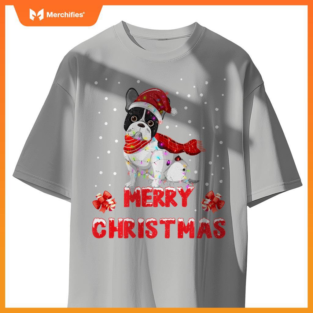 Funny Merry Christmas French Bull Dog Santa Hat Lights T-Shirt