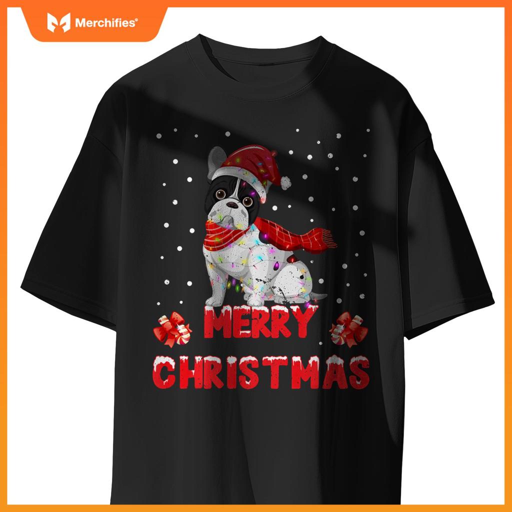 Funny Merry Christmas French Bull Dog Santa Hat Lights T-Shirt