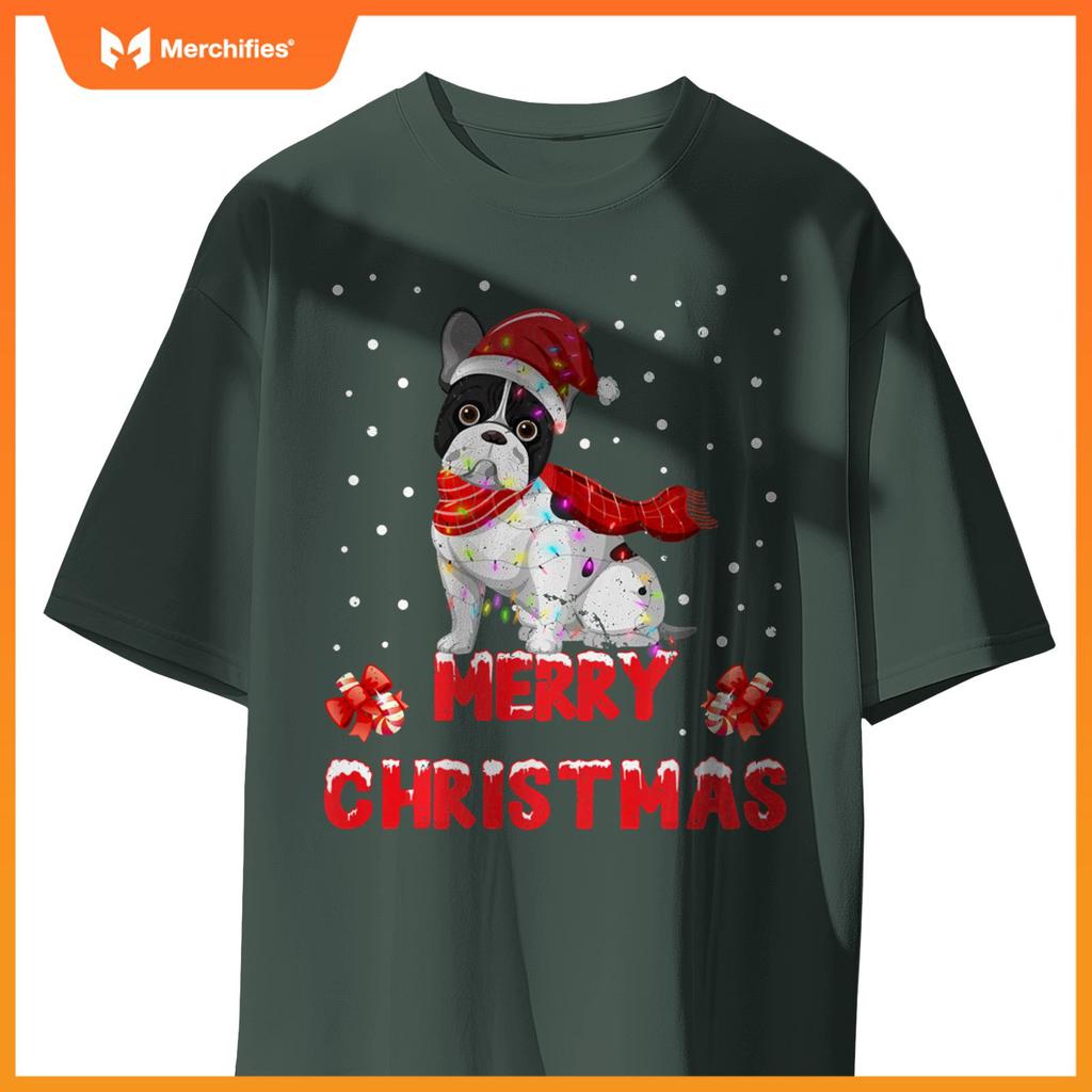Funny Merry Christmas French Bull Dog Santa Hat Lights T-Shirt