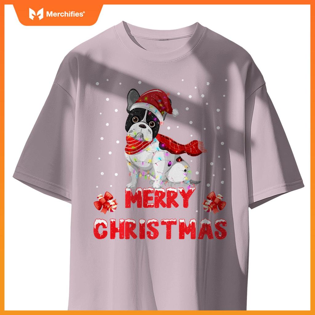 Funny Merry Christmas French Bull Dog Santa Hat Lights T-Shirt