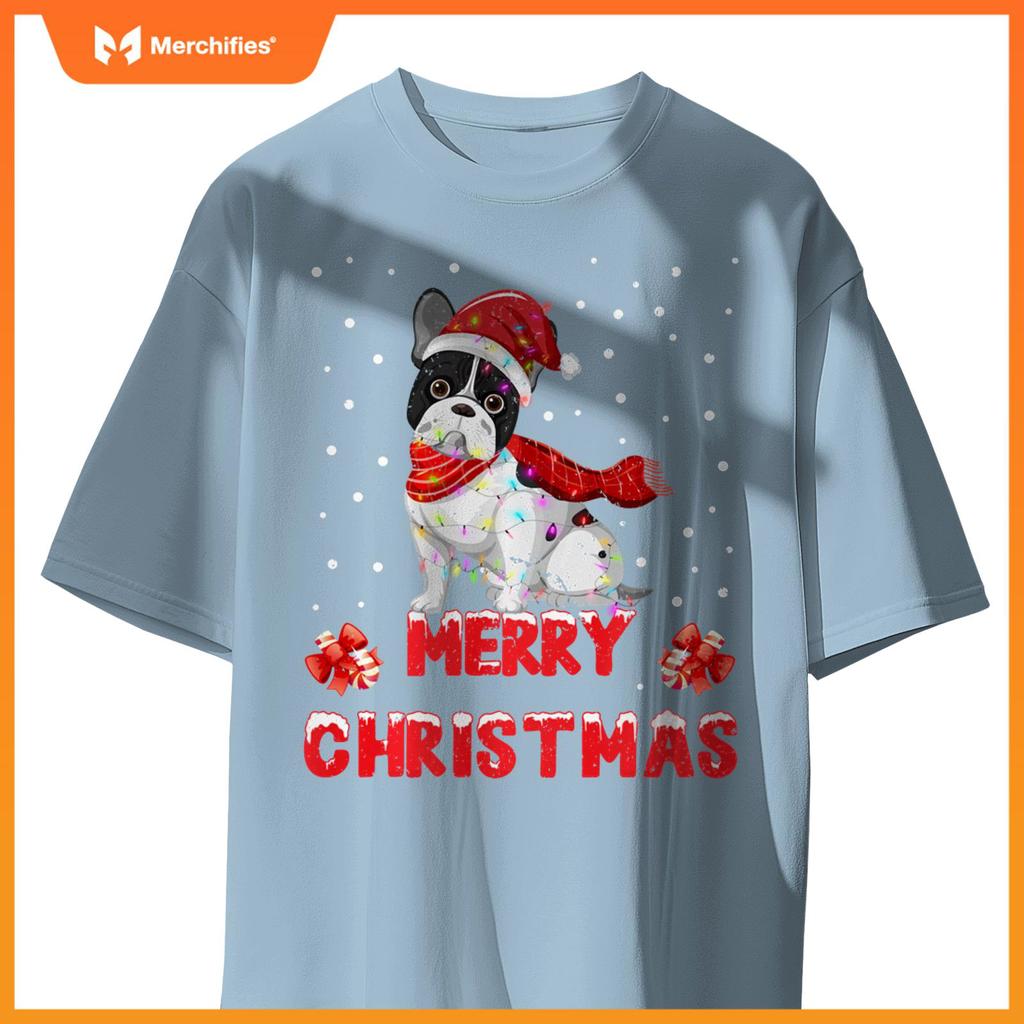 Funny Merry Christmas French Bull Dog Santa Hat Lights T-Shirt