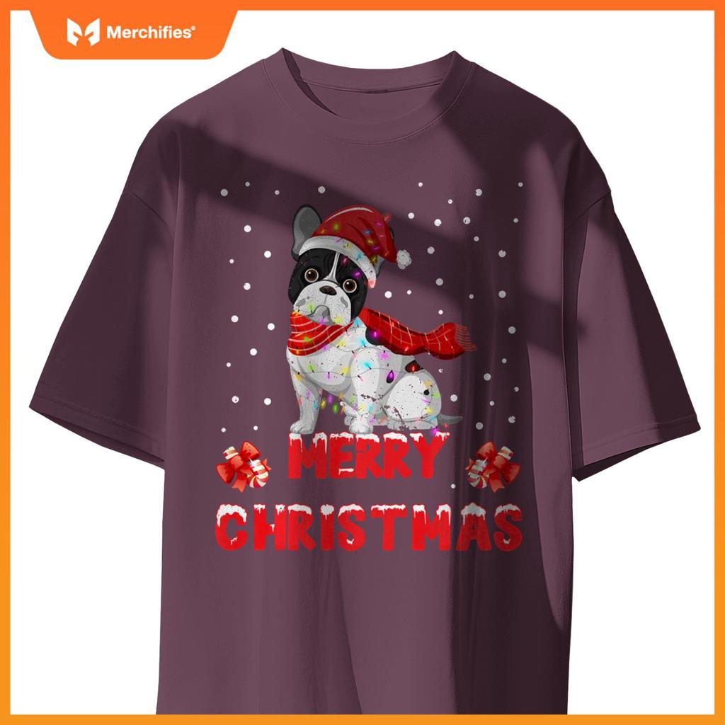 Funny Merry Christmas French Bull Dog Santa Hat Lights T-Shirt