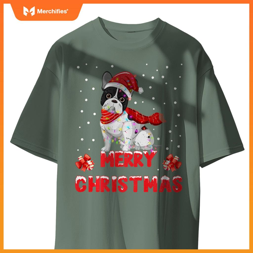 Funny Merry Christmas French Bull Dog Santa Hat Lights T-Shirt