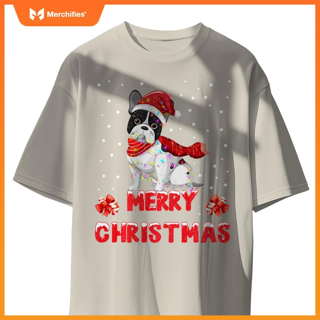 Funny Merry Christmas French Bull Dog Santa Hat Lights T-Shirt