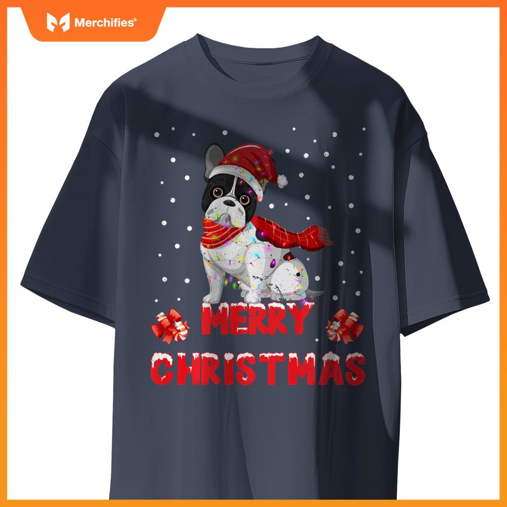 Funny Merry Christmas French Bull Dog Santa Hat Lights T-Shirt