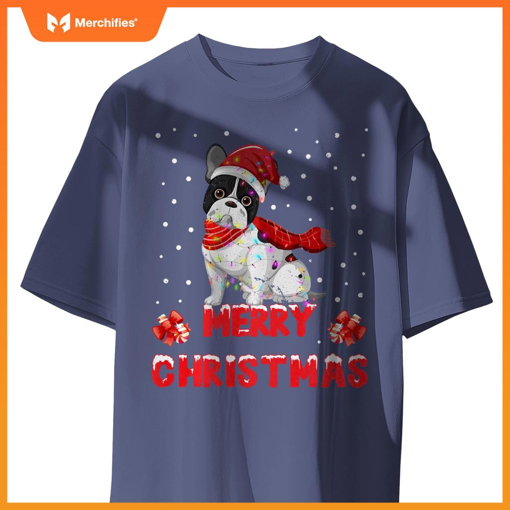 Funny Merry Christmas French Bull Dog Santa Hat Lights T-Shirt