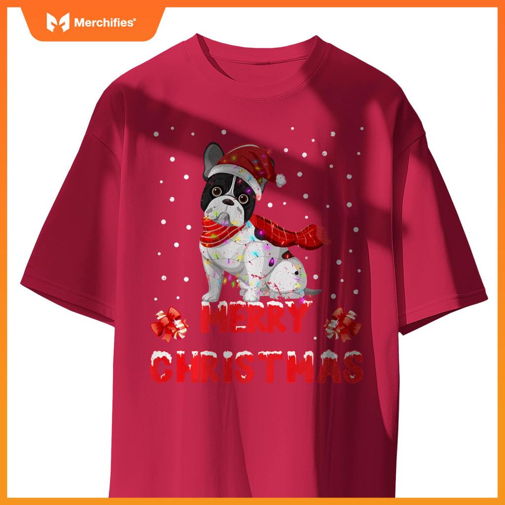 Funny Merry Christmas French Bull Dog Santa Hat Lights T-Shirt