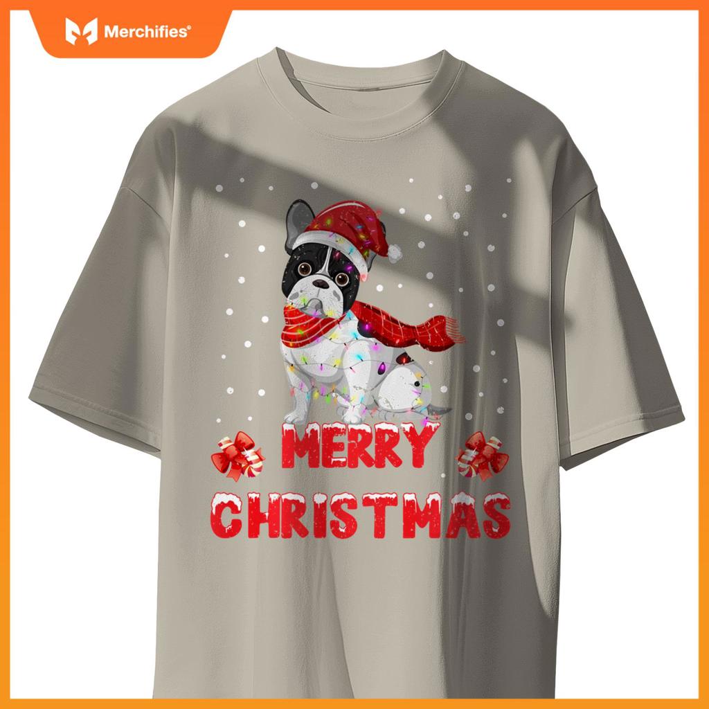 Funny Merry Christmas French Bull Dog Santa Hat Lights T-Shirt