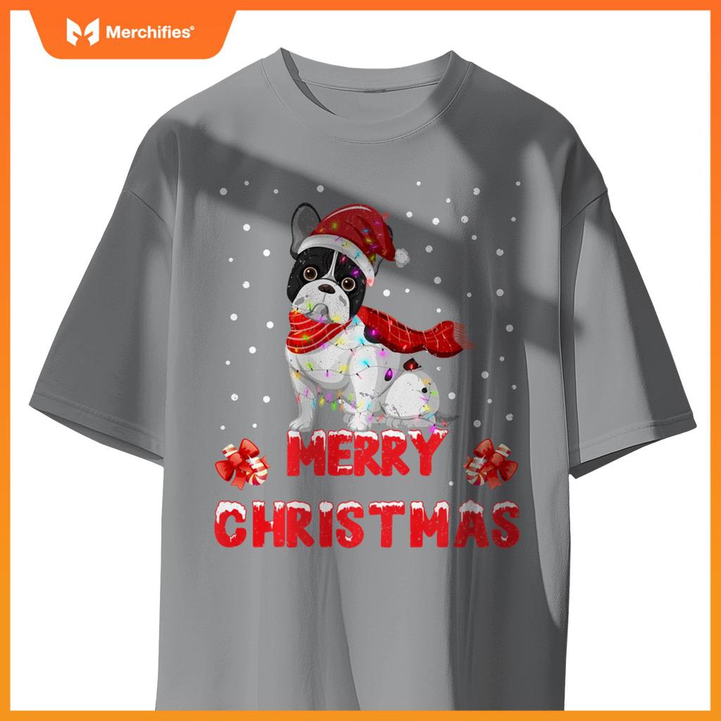 Funny Merry Christmas French Bull Dog Santa Hat Lights T-Shirt