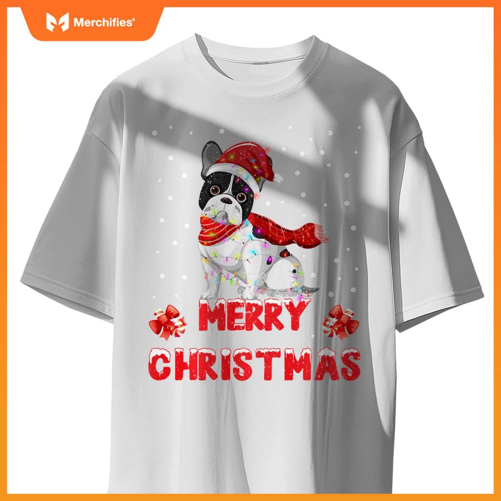 Funny Merry Christmas French Bull Dog Santa Hat Lights T-Shirt