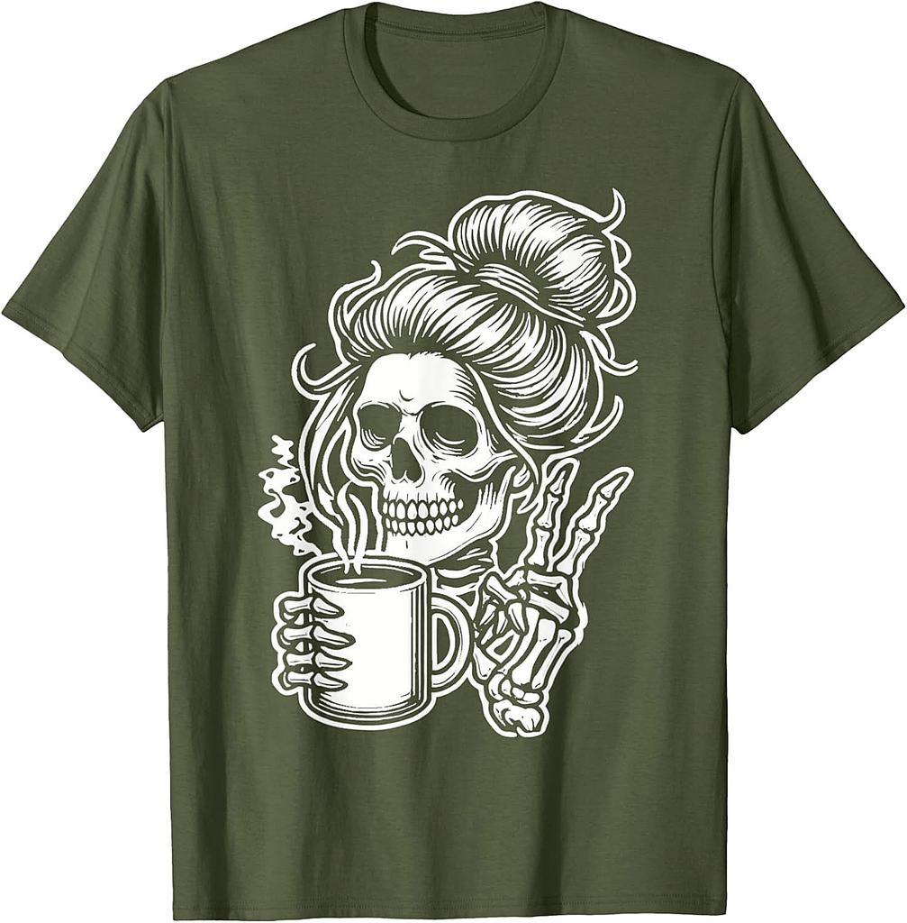 Funny Messy Bun Skeleton Halloween Coffee Costume T-Shirt