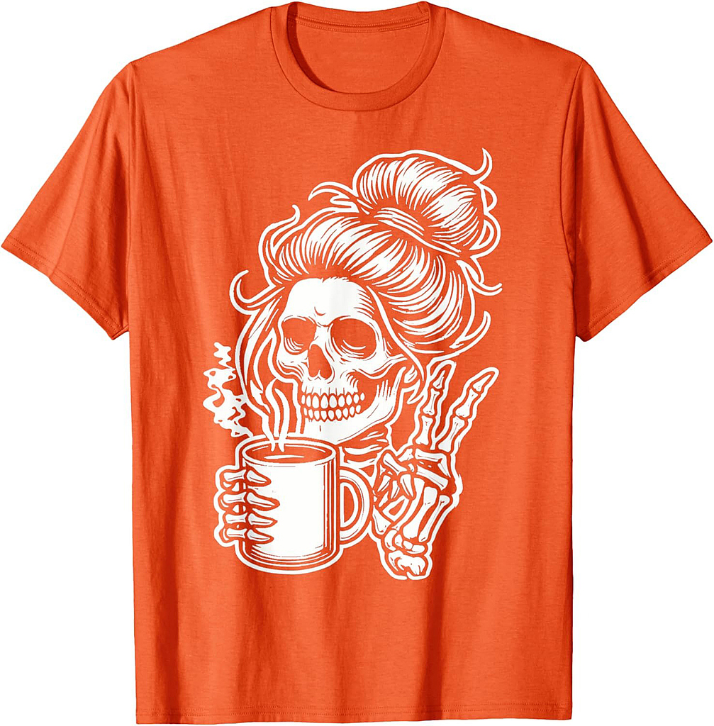 Funny Messy Bun Skeleton Halloween Coffee Costume T-Shirt