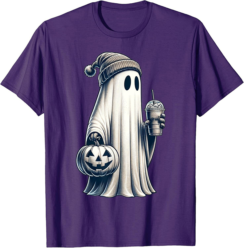 Funny Pumpkin And Boo Drinking Ice Coffee. Halloween Costume T-Shirt