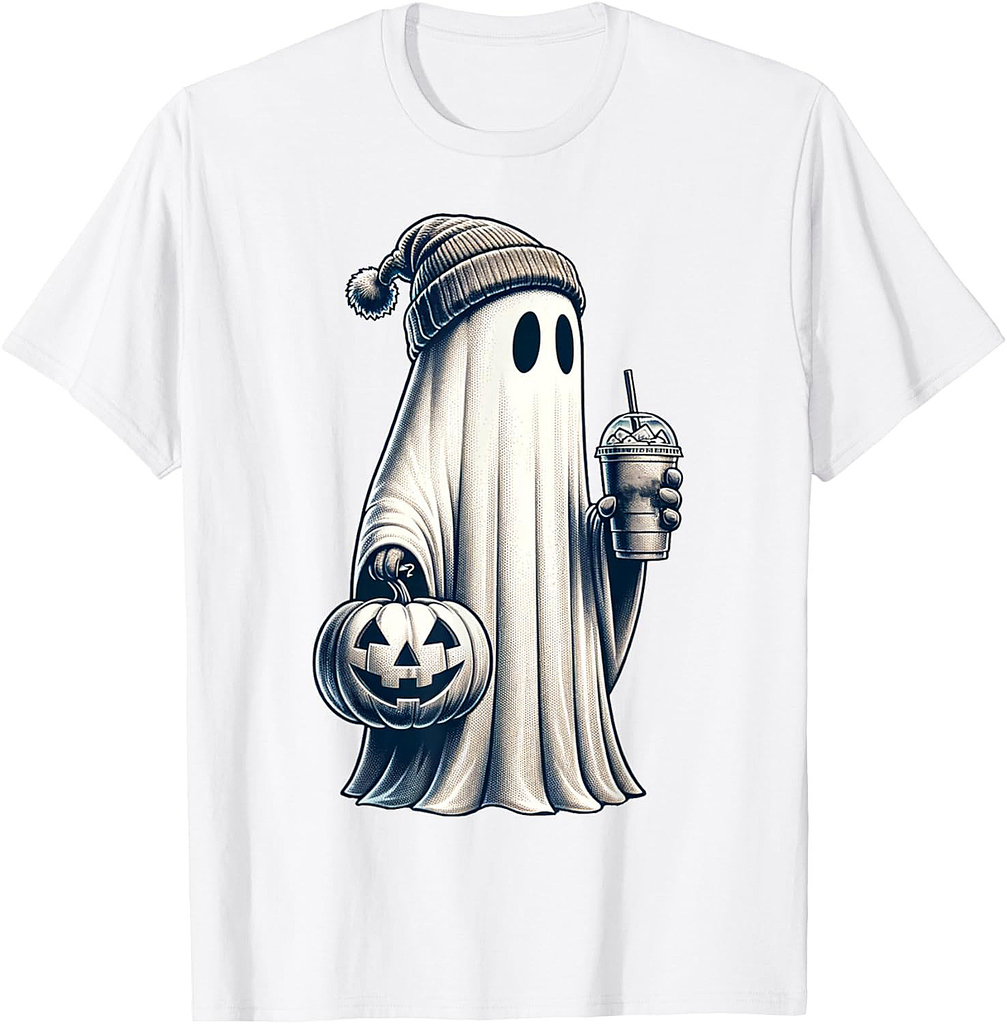 Funny Pumpkin And Boo Drinking Ice Coffee. Halloween Costume T-Shirt