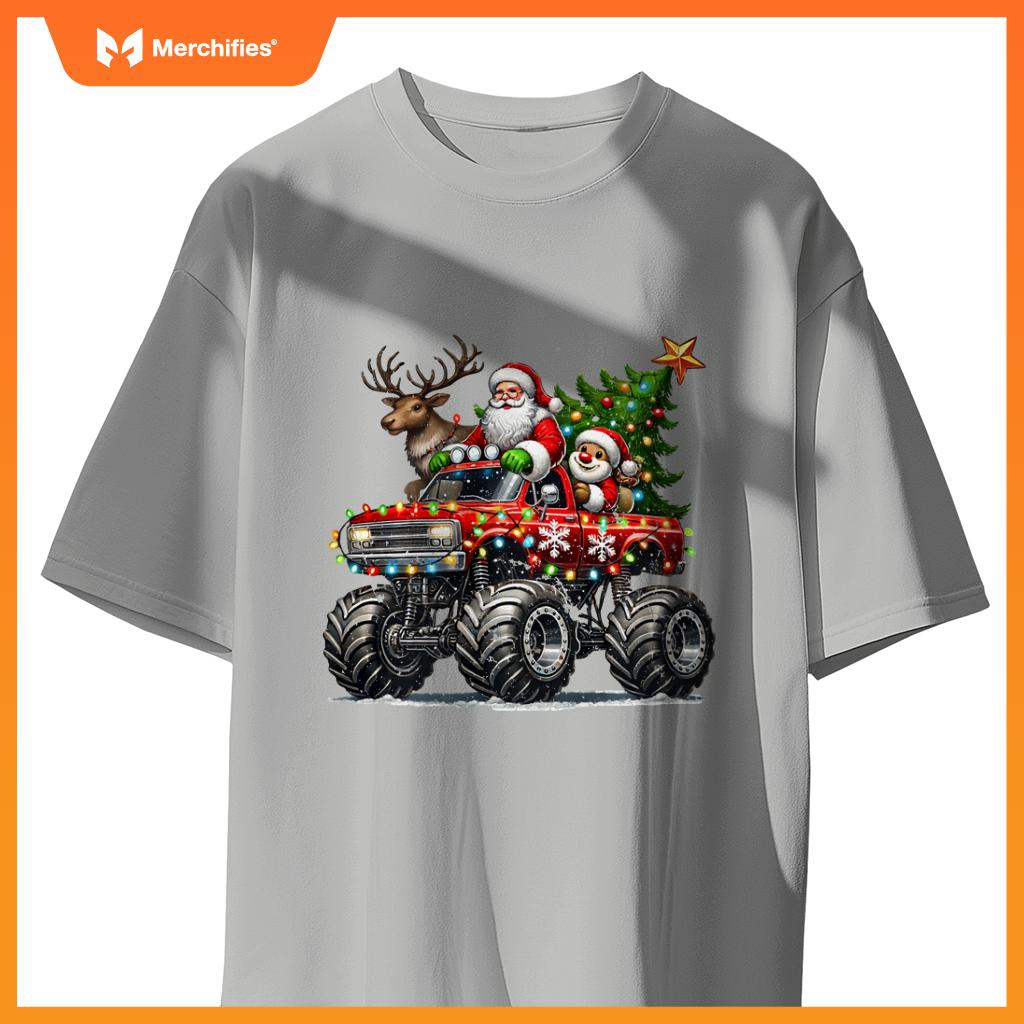 Funny Reindeer Santa Riding Monster Truck Christmas Tree T-Shirt