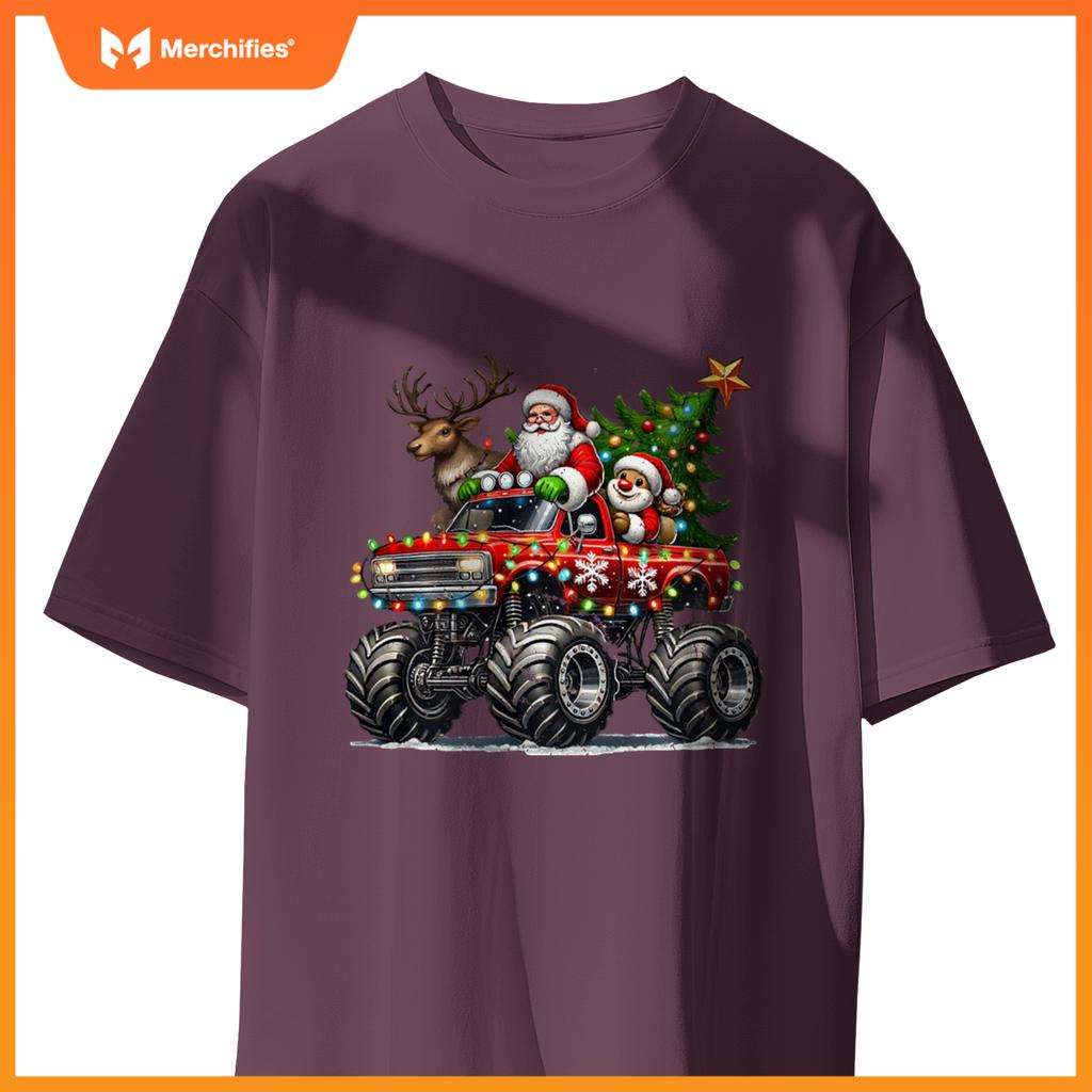 Funny Reindeer Santa Riding Monster Truck Christmas Tree T-Shirt