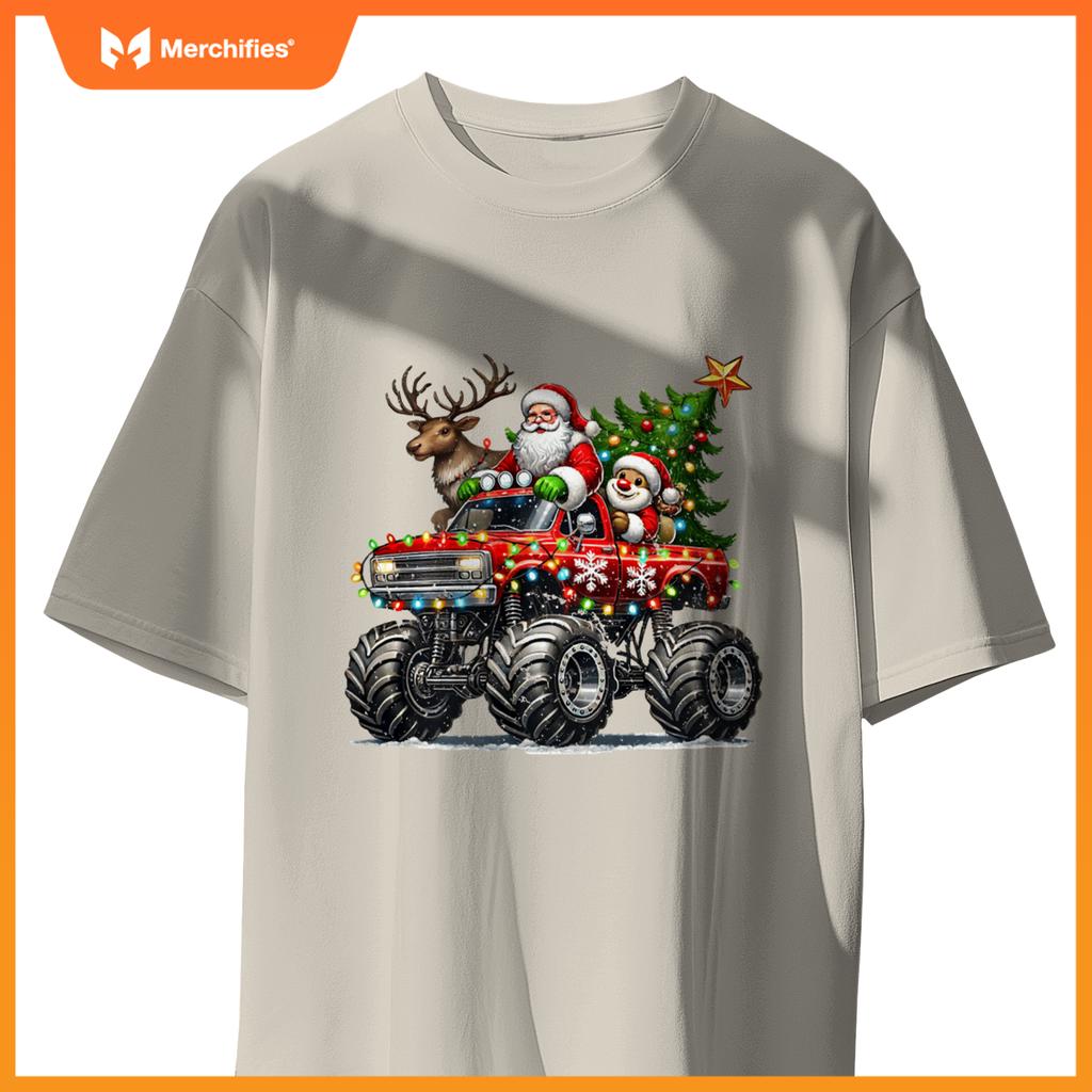 Funny Reindeer Santa Riding Monster Truck Christmas Tree T-Shirt