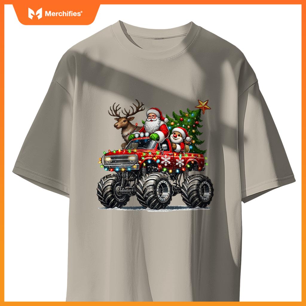 Funny Reindeer Santa Riding Monster Truck Christmas Tree T-Shirt