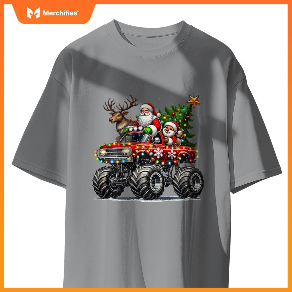 Funny Reindeer Santa Riding Monster Truck Christmas Tree T-Shirt