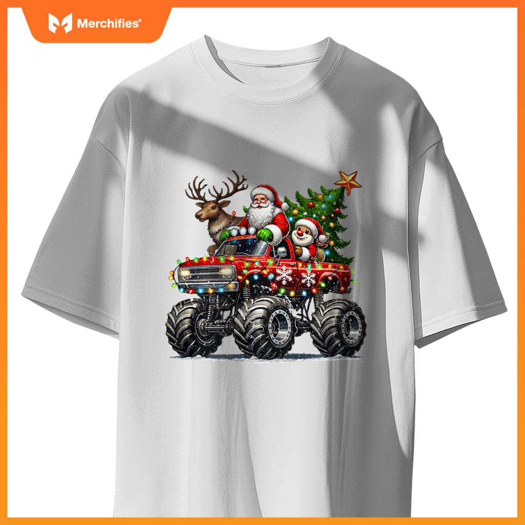 Funny Reindeer Santa Riding Monster Truck Christmas Tree T-Shirt