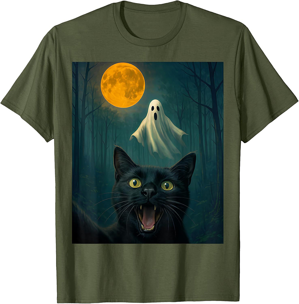 Funny Scared Cat Selfie with Ghost Halloween Day Women Men T-Shirt