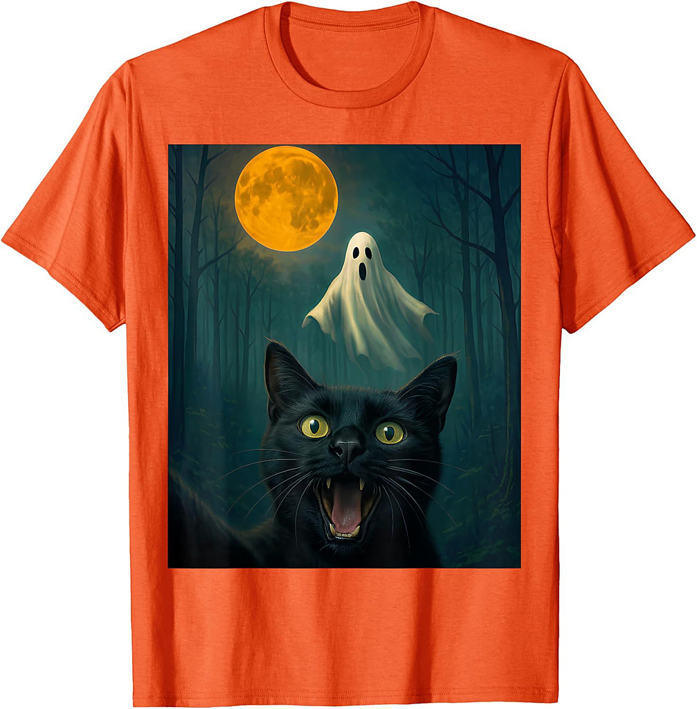 Funny Scared Cat Selfie with Ghost Halloween Day Women Men T-Shirt