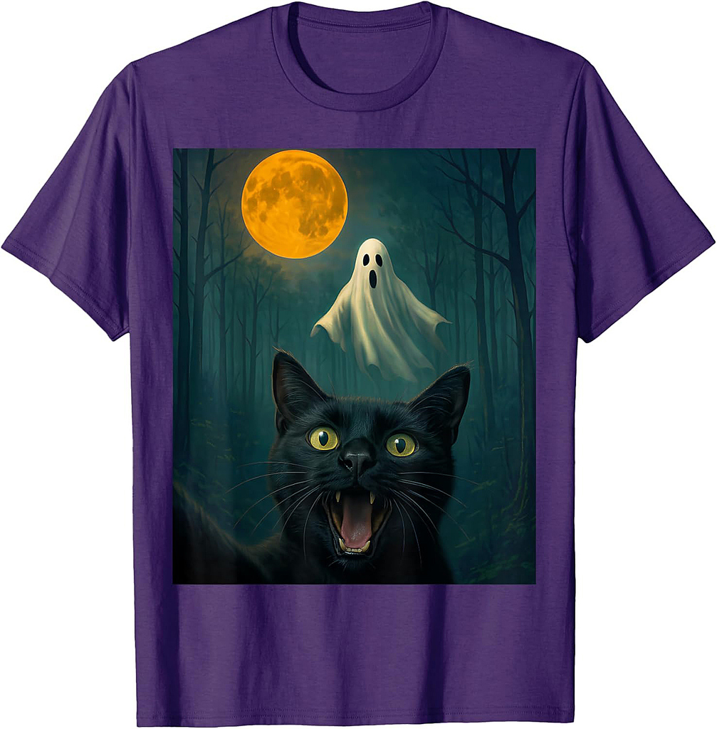Funny Scared Cat Selfie with Ghost Halloween Day Women Men T-Shirt