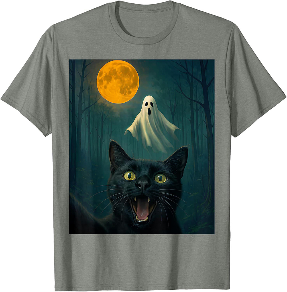 Funny Scared Cat Selfie with Ghost Halloween Day Women Men T-Shirt