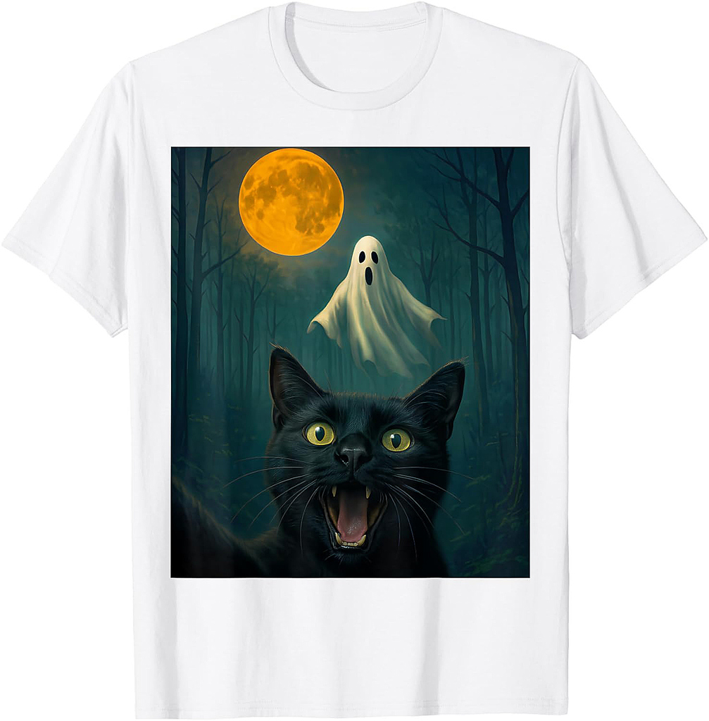 Funny Scared Cat Selfie with Ghost Halloween Day Women Men T-Shirt