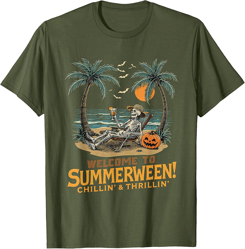 Funny Skeleton Beach Sunset Spooky Vacation Halloween T-Shirt