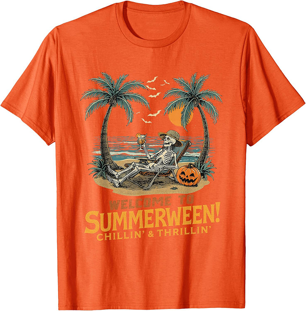 Funny Skeleton Beach Sunset Spooky Vacation Halloween T-Shirt