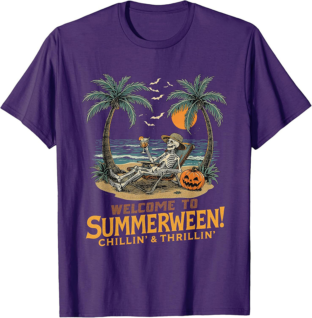 Funny Skeleton Beach Sunset Spooky Vacation Halloween T-Shirt