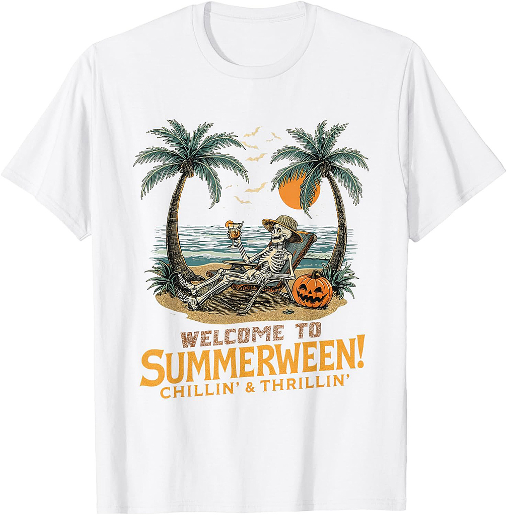 Funny Skeleton Beach Sunset Spooky Vacation Halloween T-Shirt