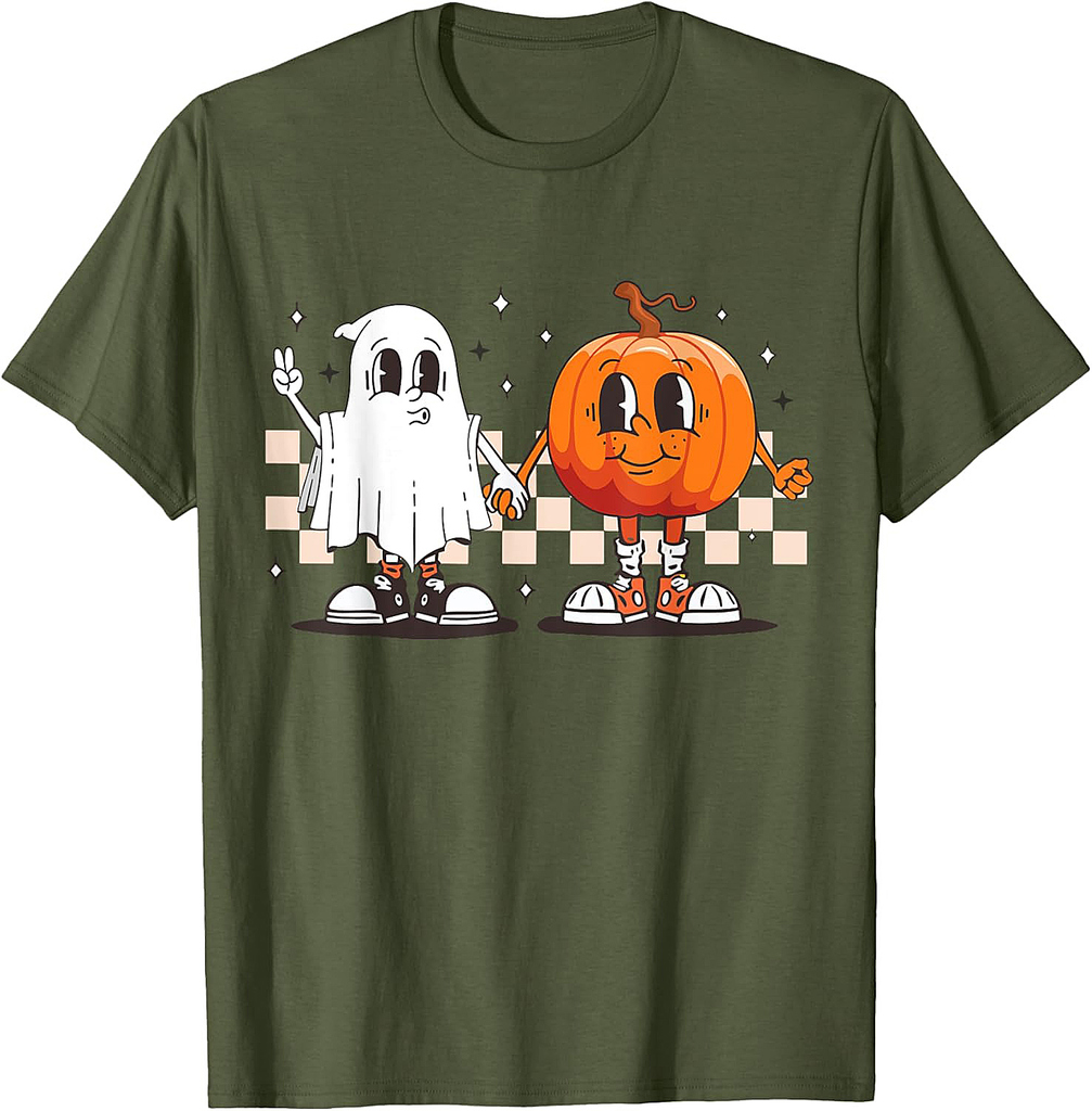 Funny Spooky Ghost Pumpkin Men Women Retro Halloween T-Shirt