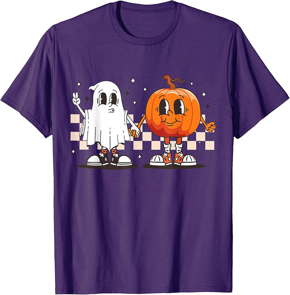 Funny Spooky Ghost Pumpkin Men Women Retro Halloween T-Shirt