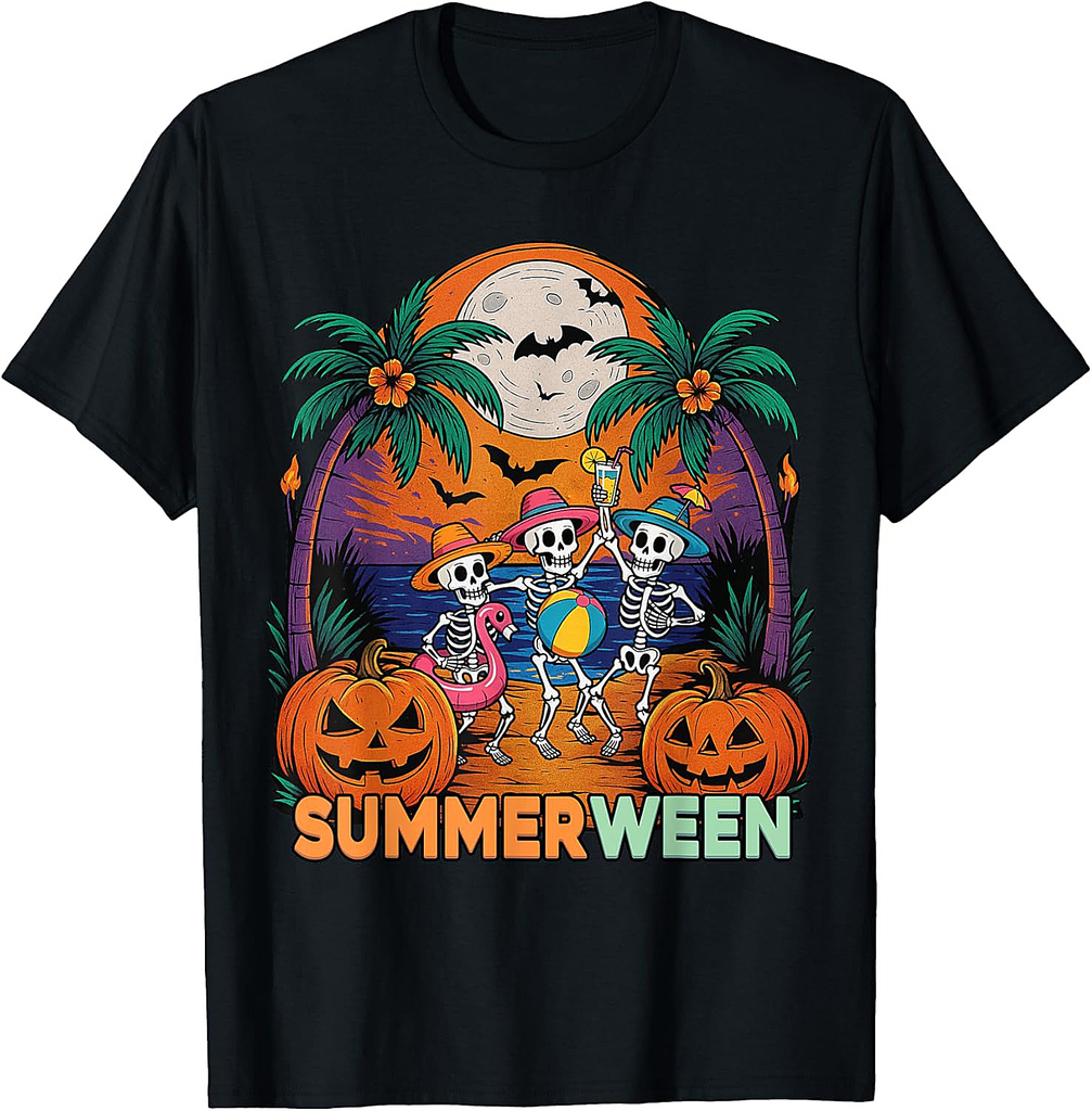 Funny Summerween Tropical Skeleton Halloween Beach Party T-Shirt
