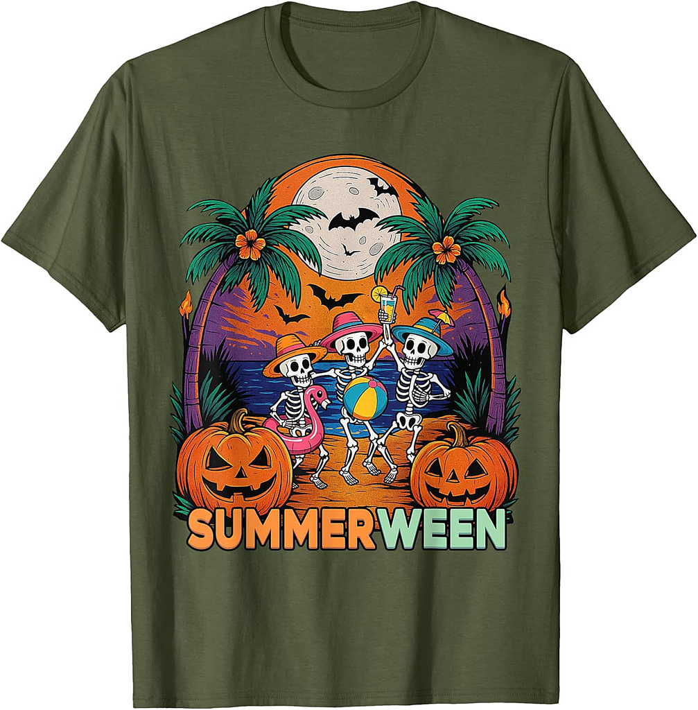 Funny Summerween Tropical Skeleton Halloween Beach Party T-Shirt