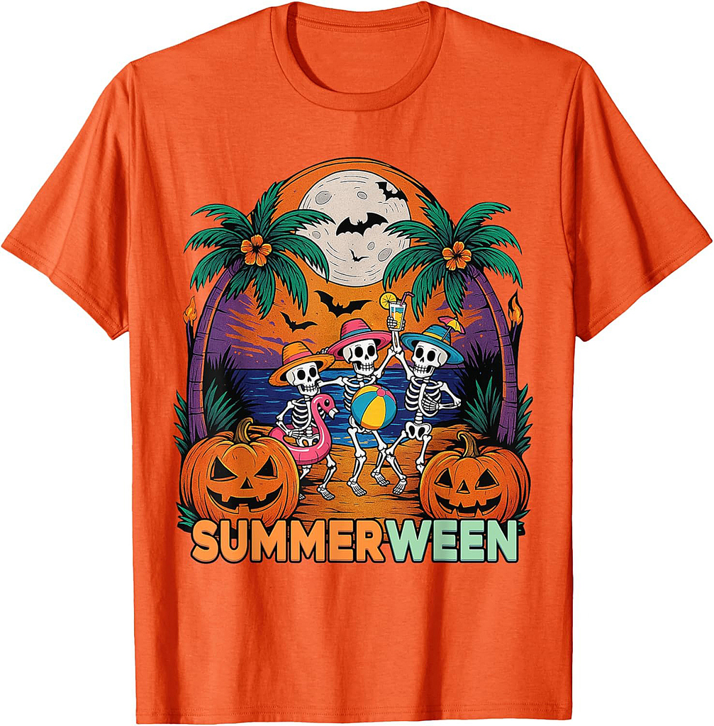 Funny Summerween Tropical Skeleton Halloween Beach Party T-Shirt