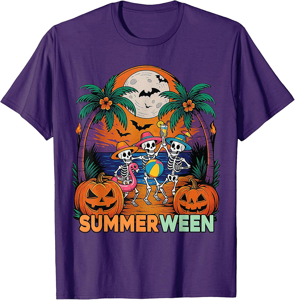 Funny Summerween Tropical Skeleton Halloween Beach Party T-Shirt