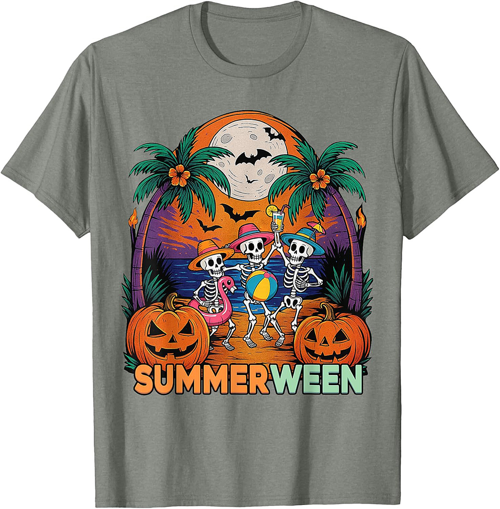 Funny Summerween Tropical Skeleton Halloween Beach Party T-Shirt