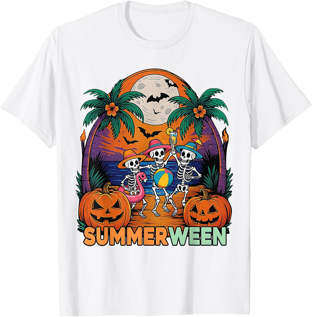 Funny Summerween Tropical Skeleton Halloween Beach Party T-Shirt