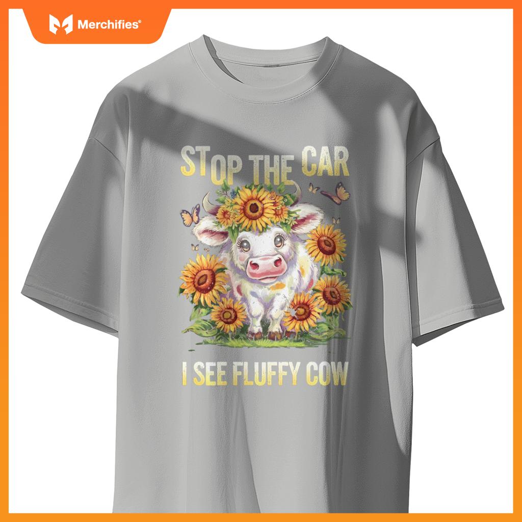 Funny Sunflower Highland Cow Stop The Car I See Fluffy Cow T-Shirt