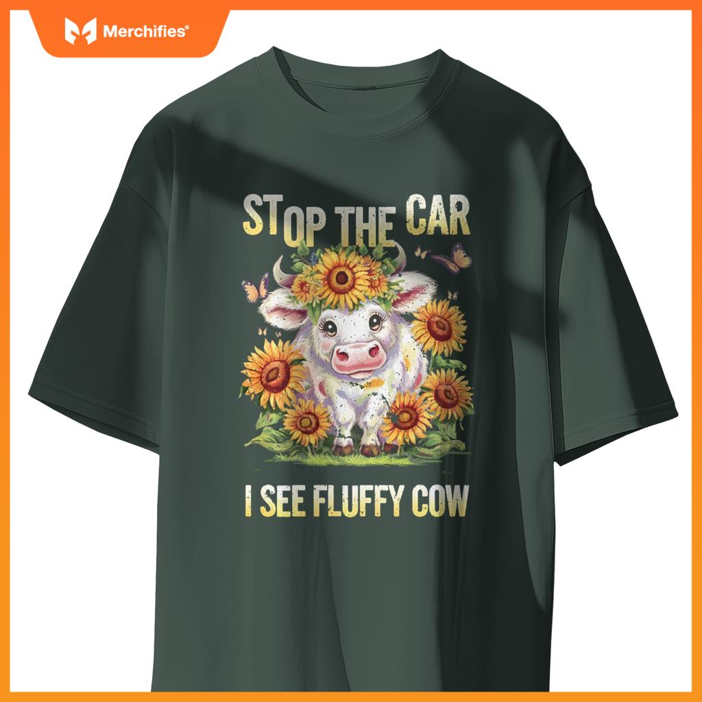 Funny Sunflower Highland Cow Stop The Car I See Fluffy Cow T-Shirt