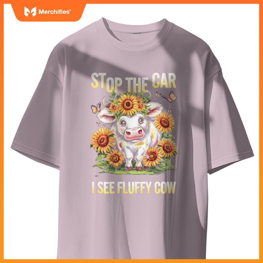 Funny Sunflower Highland Cow Stop The Car I See Fluffy Cow T-Shirt