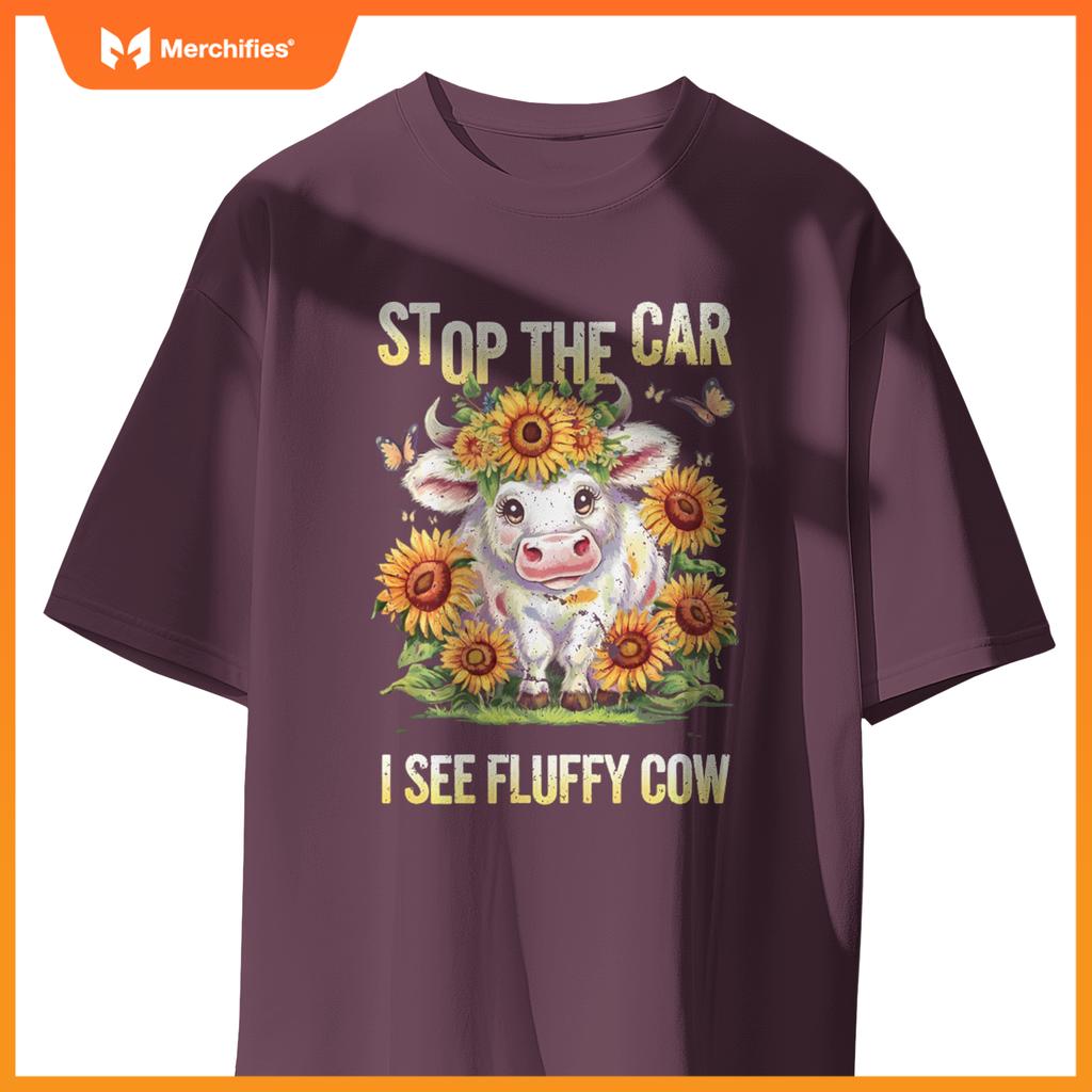Funny Sunflower Highland Cow Stop The Car I See Fluffy Cow T-Shirt