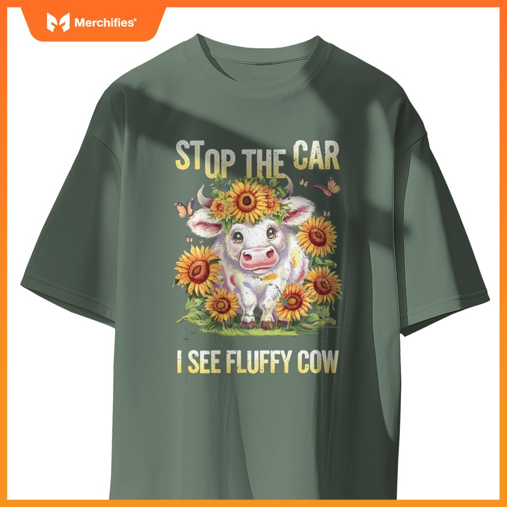 Funny Sunflower Highland Cow Stop The Car I See Fluffy Cow T-Shirt