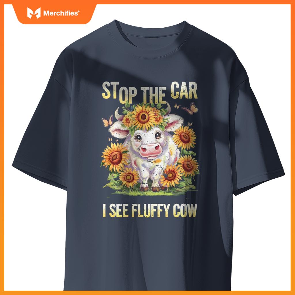 Funny Sunflower Highland Cow Stop The Car I See Fluffy Cow T-Shirt