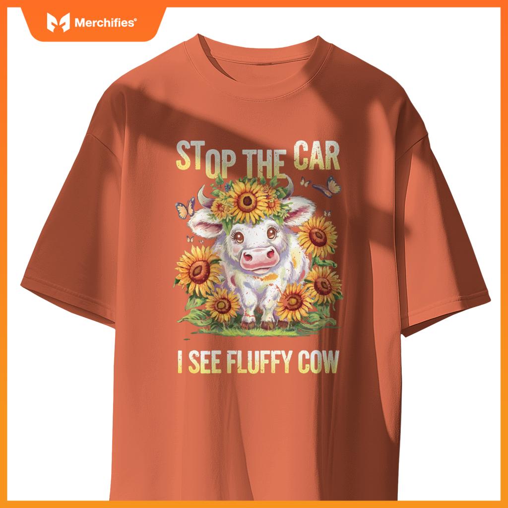 Funny Sunflower Highland Cow Stop The Car I See Fluffy Cow T-Shirt