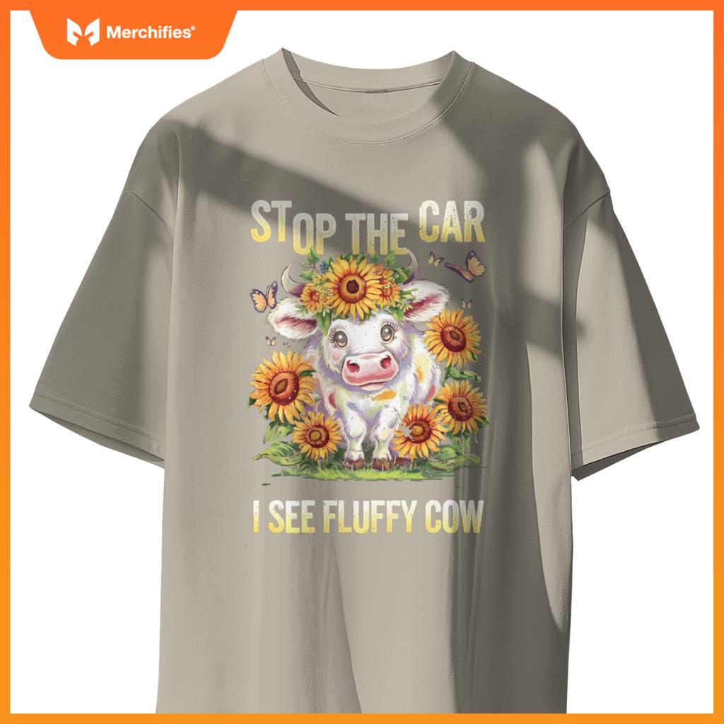 Funny Sunflower Highland Cow Stop The Car I See Fluffy Cow T-Shirt