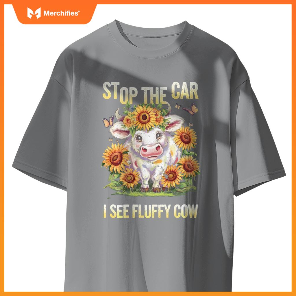 Funny Sunflower Highland Cow Stop The Car I See Fluffy Cow T-Shirt